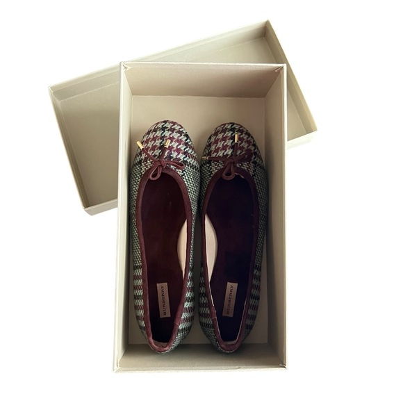 Burberry Women’s Houndstooth Check Bow Ballet Flats Purple Green Round Toe Shoes - Picture 15 of 15